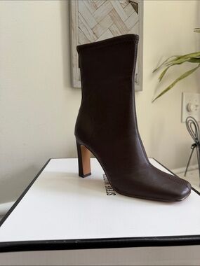Steve Madden Dark Brown Leather Mid-Calf Block Heel Boot